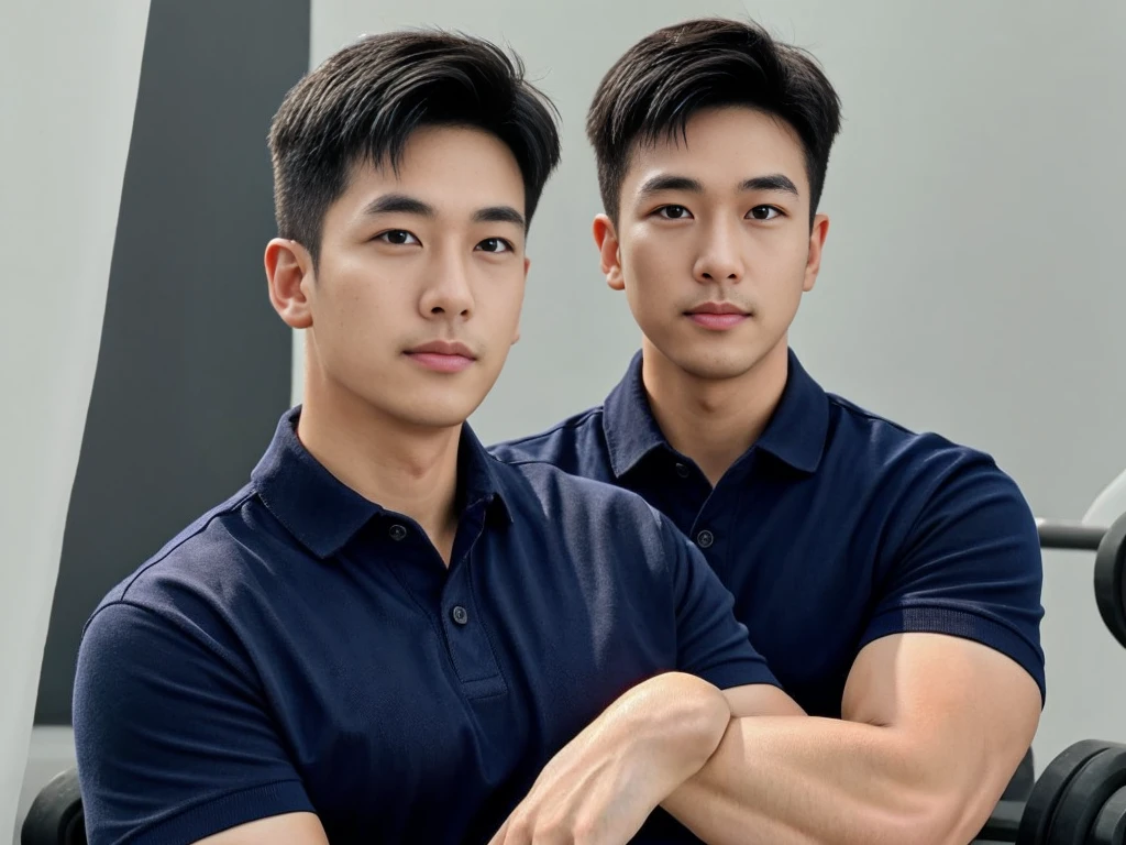 A male police officer in his 20s poses for a group photo., Wear a navy blue polo shirt., high resolution, Masterpiece, best quality, head:1.3,, Smooth and fine skin, clear focus, (movie light), during the night, gentle light, Dynamic angle, (detailed face:1.2), (((exercise))), sport, His arm muscles were very big., hand in crotch, in his bedroom