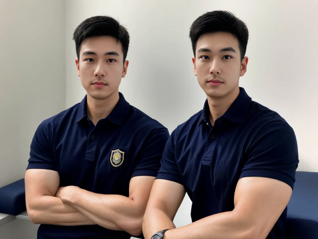A male police officer in his 20s poses for a group photo., Wear a navy blue polo shirt., high resolution, Masterpiece, best quality, head:1.3,, Smooth and fine skin, clear focus, (movie light), during the night, gentle light, Dynamic angle, (detailed face:1.2), (((exercise))), sport, His arm muscles were very big., hand in crotch, in his bedroom