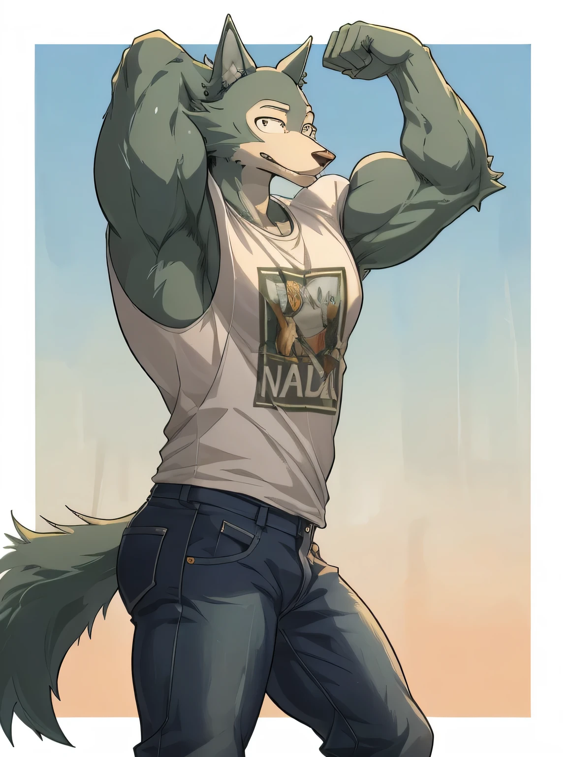 Legoshi, beastars, muscular, body-builder, lobo, the second, large pectorals, venous muscles, Huge muscles, thin waist, tight black t-shirt, flexing, wearing jeans, smiling