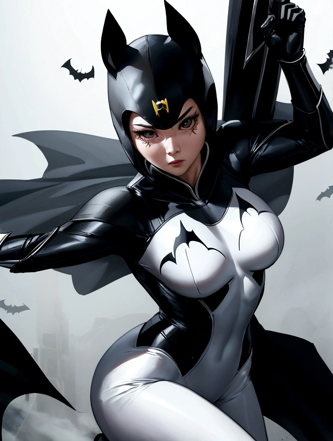 superhero, modern super hero costume, white bat costume, style like the black mouse suit and the Batman suit, suit for girl, ninja, with a Chinese sword, Beautiful Chinese woman, Chinese woman with bangs, courageous character, Kind, Brave, determination, on the battlefield, atmospheric perspective, super detailing, Best quality, uhd, high detail