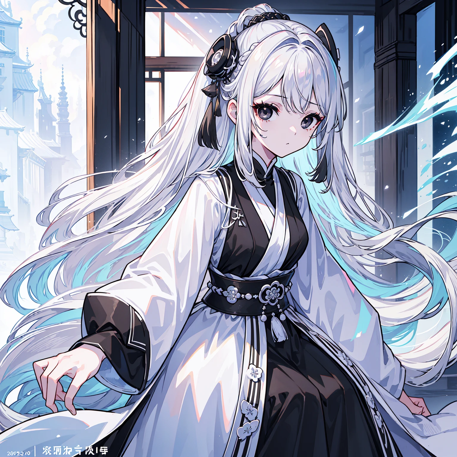 (Top image quality)、(Ultra Detailed)、(Facing forward)、top quality、masterpiece、(((1 girl)))、Silver Hair、white hair、((Long hair))、(black eyes:1.6)、(Hanfu)