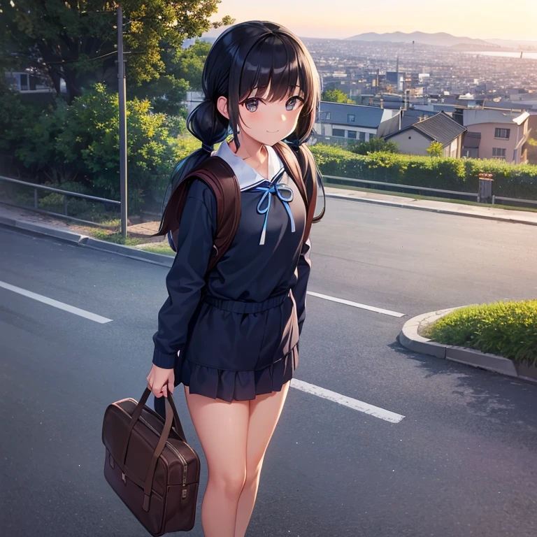 best quality, detailed, masterpiece, 1 girl, standing, gentle smile, 15yo, (low twintails:1.4), low pigtails, black hair, long hair, (navy blue sailor suit with blue ribbon:1.2), long sleeves, (dark brown eyes), (school bag), BREAK, from the front, from few above, POV, alone, (steep downhill), long hill straight road to the back, electric pole, electric cable, hill city, housing, cityscape, sea in the distance, nice view, 15 o'clock, orange sky, animation