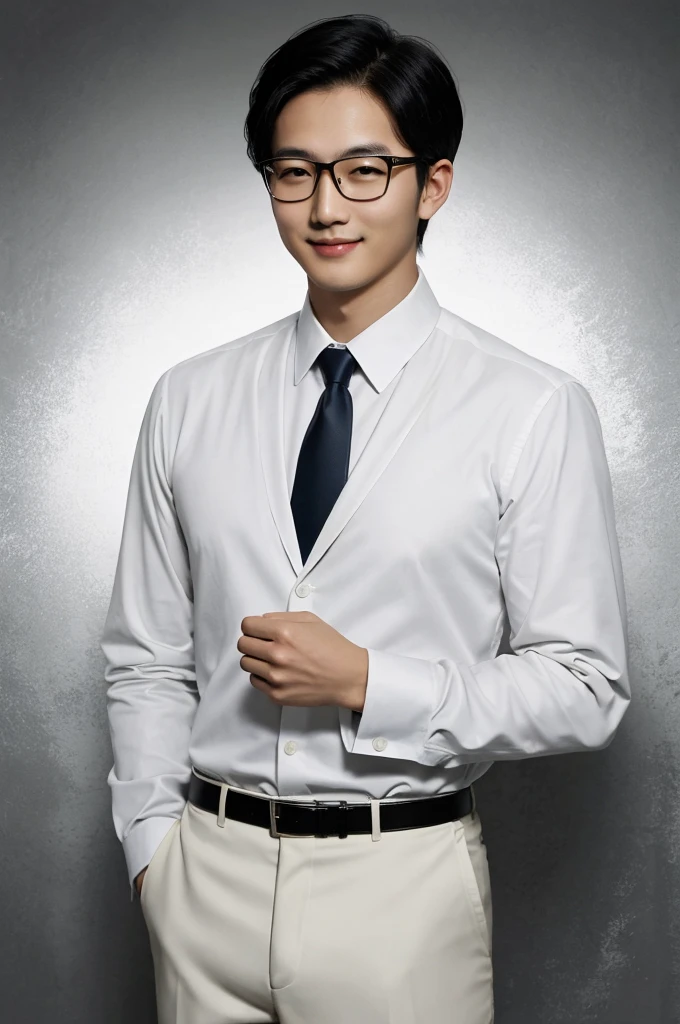 （Direct Image）Asian people, 30 years old, project manager。wear glasses，He wore a dark suit., Pair it with a white shirt and dark tie.。His hair is neat., The face is completely clean., round face，short hair，Eyes reveal intelligence and confidence.。He smiles and looks at the camera., Convey a professional and competent tone., Ultra High quality, Masterpiece, textured skin, High quality, high resolution, best quality, Highly detailed，half length photograph，ID photo