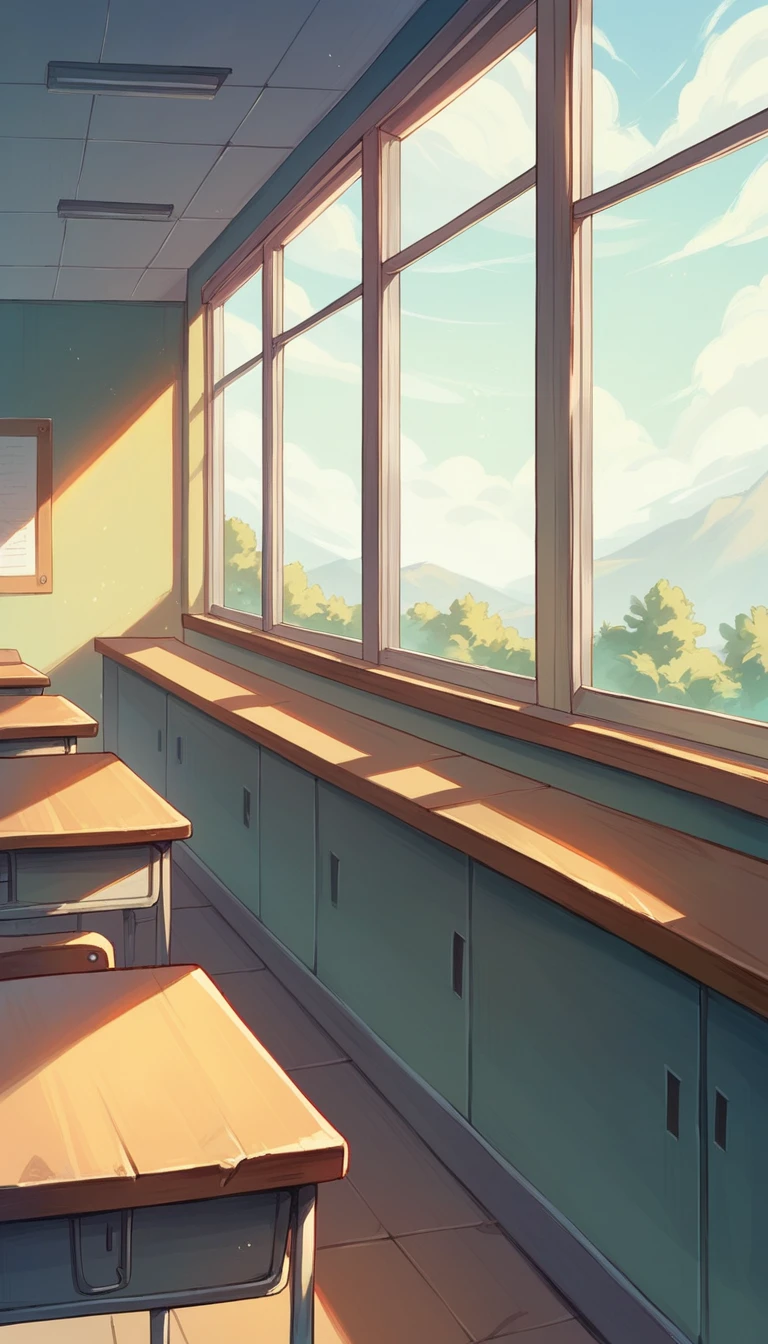 Classroom window Beautiful scenery The light shines Nobody is here教室 Sun seen from the window Nobody is here