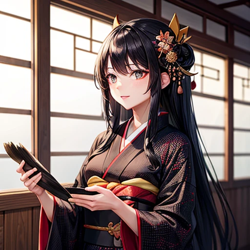 A woman with long black hair wearing a kimono is making sushi Black kimono