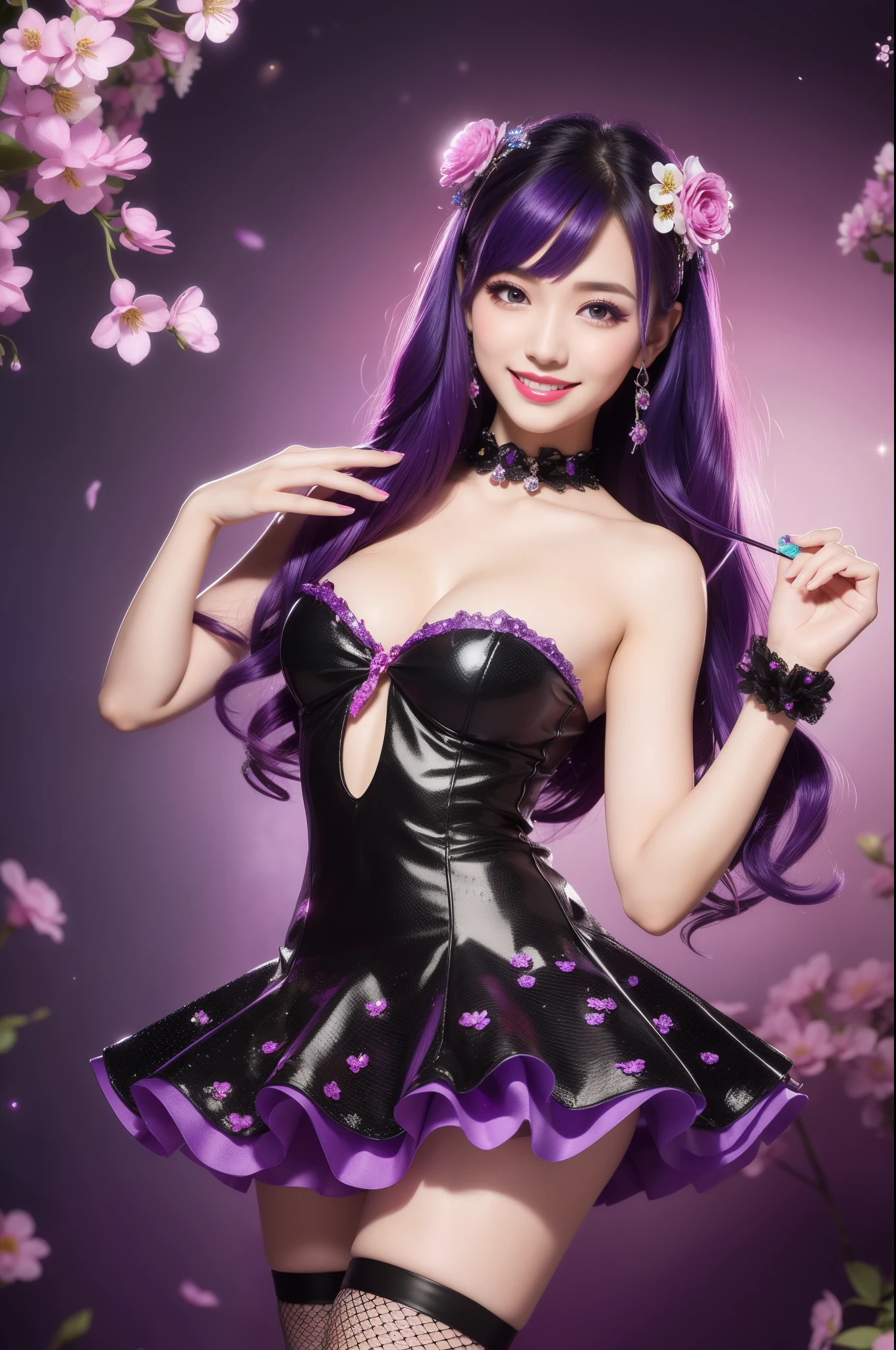 beautiful sexy female who controls poison、beautiful smile、lipgloss、professional makeup、full body Esbian、、sparkling poisoned flower costume、、、、sparkling Colorful hair、secrete poison、skull hair accessories、fishnet tights、flowers background