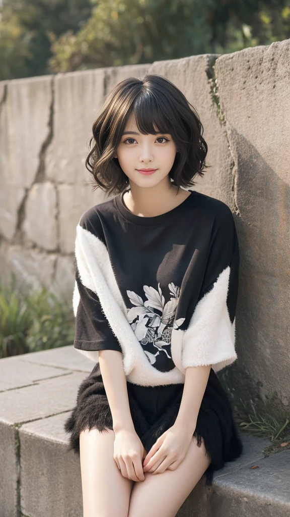 (Highest quality, Very detailed, masterpiece:1.2), 1 women, Very thin body, length, Thin legs, ((Black wavy short hair:1.2)), ((Thick and fluffy bangs)), Very detailedな顔,A faint smile, small, Thin Nose, small thin mouth, Extremely sharply focused eyes, Japanese, Beautiful Face, Realistic eyes, Beautiful and beautiful eyes, Realistic Skin, Beautiful Skin, charm, (A vivid face), Beautiful Hairstyles,((Over Size Tシャツ)),脇を見せる,腕を上げる,Creepy and unique hairstyles,下からのアングル, High resolution, Vibrant color palette, Mysterious and mysterious stone wall, Amazing place,Characteristic dark shadows and strange details, background, Backwards
