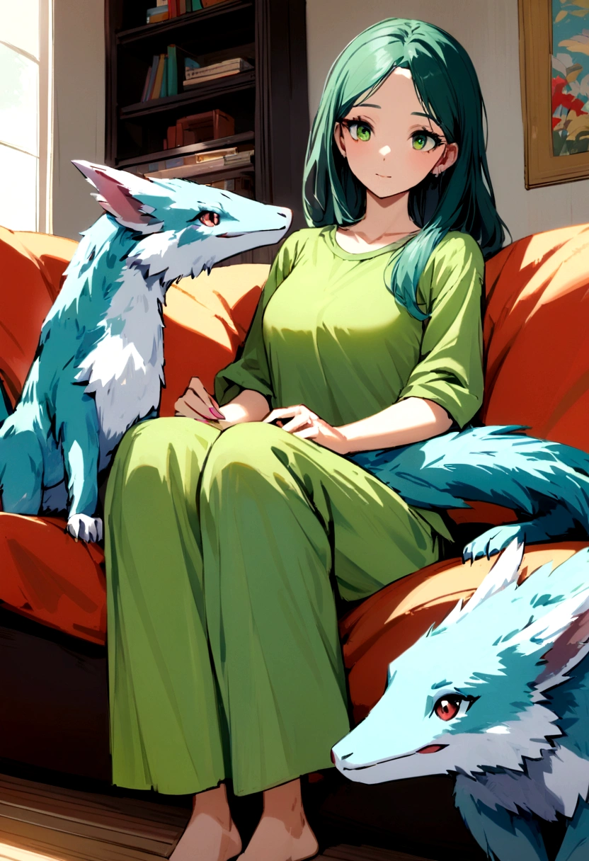 Pina, A YOUNG GIRL WEARING LIGHT GREEN TISHIRT AND GREEN PAJAMA, lounges lazily in her COUCH IN HER modest home while her mother tirelessly works around her.
