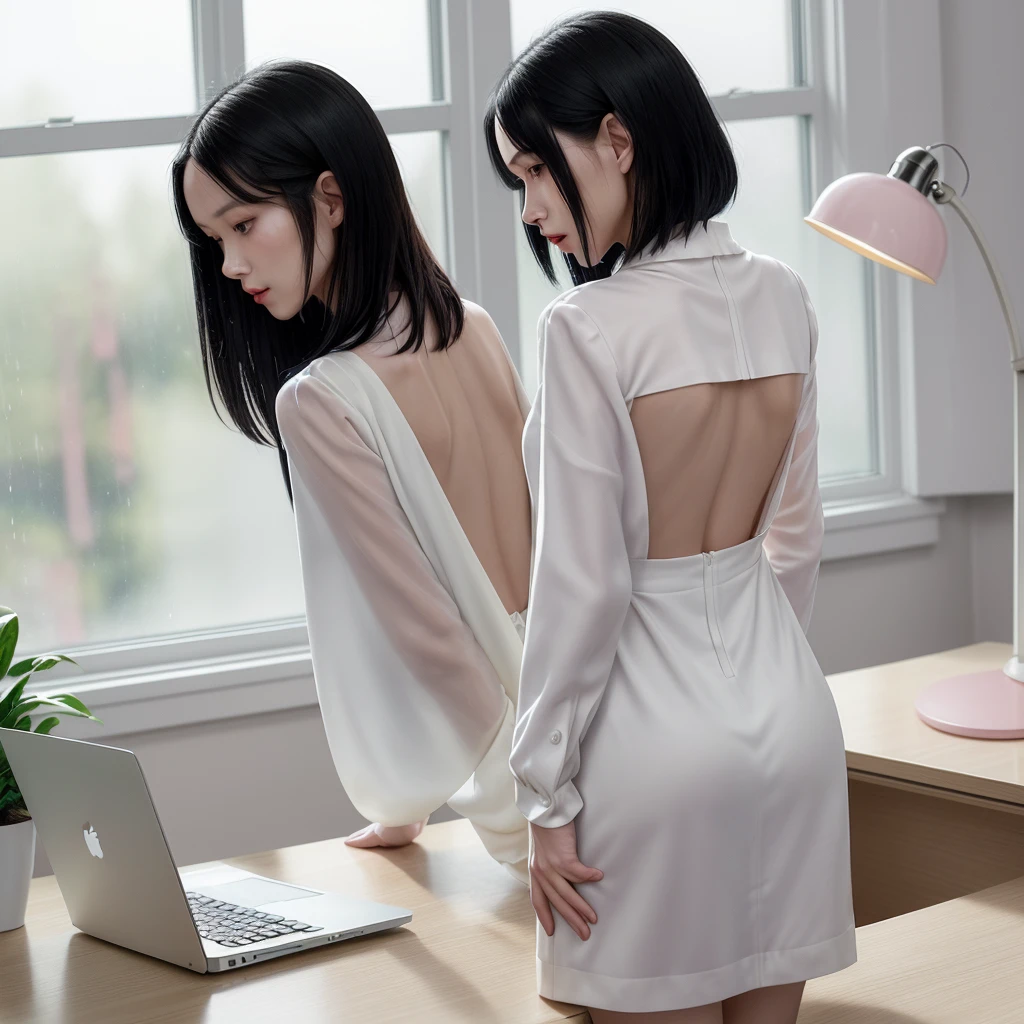 white wooden desk, clothing and fashion magazines on the desk, white metal lamp, laptop on the desk, background with blur, window with raindrops in the background, focus on desk with magazines, Pink decorations, elegant office, green decoration plants, woman in white dress from behind, woman with straight black hair, woman turning her back, Woman from behind, you don&#39;t look at the woman&#39;s face, turned woman 