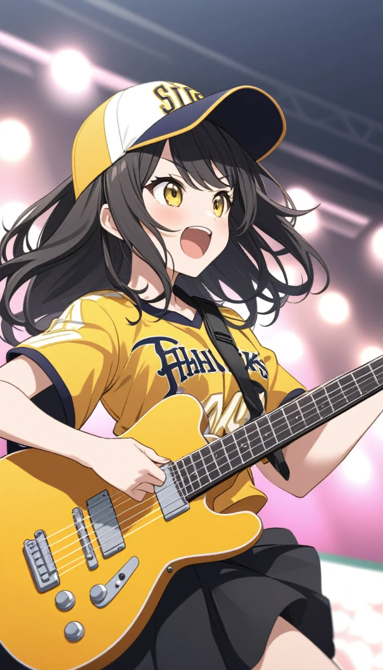 A female vocalist of a girl band, a black-haired girl playing an electric guitar、Wearing a revolution yellow Fukuoka SoftBank Hawks baseball cap、Wearing a revolution yellow Fukuoka SoftBank Hawks baseball shirt、sing dance Speed