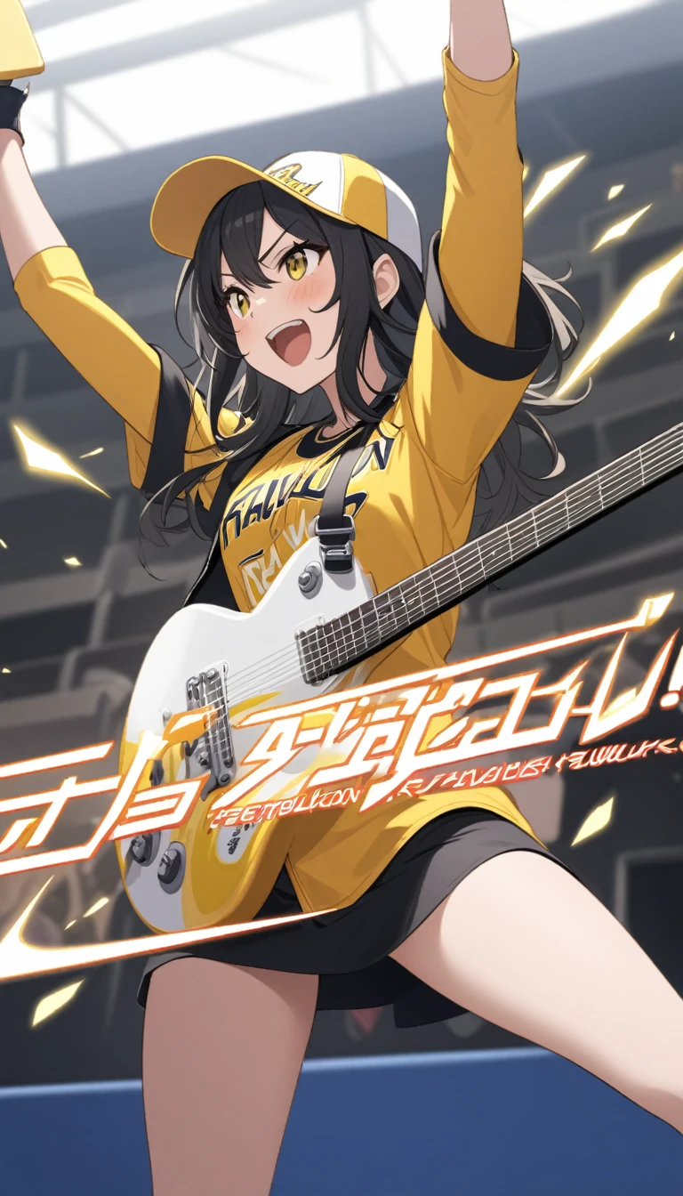 A female vocalist of a girl band, a black-haired girl playing an electric guitar、Wearing a revolution yellow Fukuoka SoftBank Hawks baseball cap、Wearing a revolution yellow Fukuoka SoftBank Hawks baseball shirt、sing dance Speed