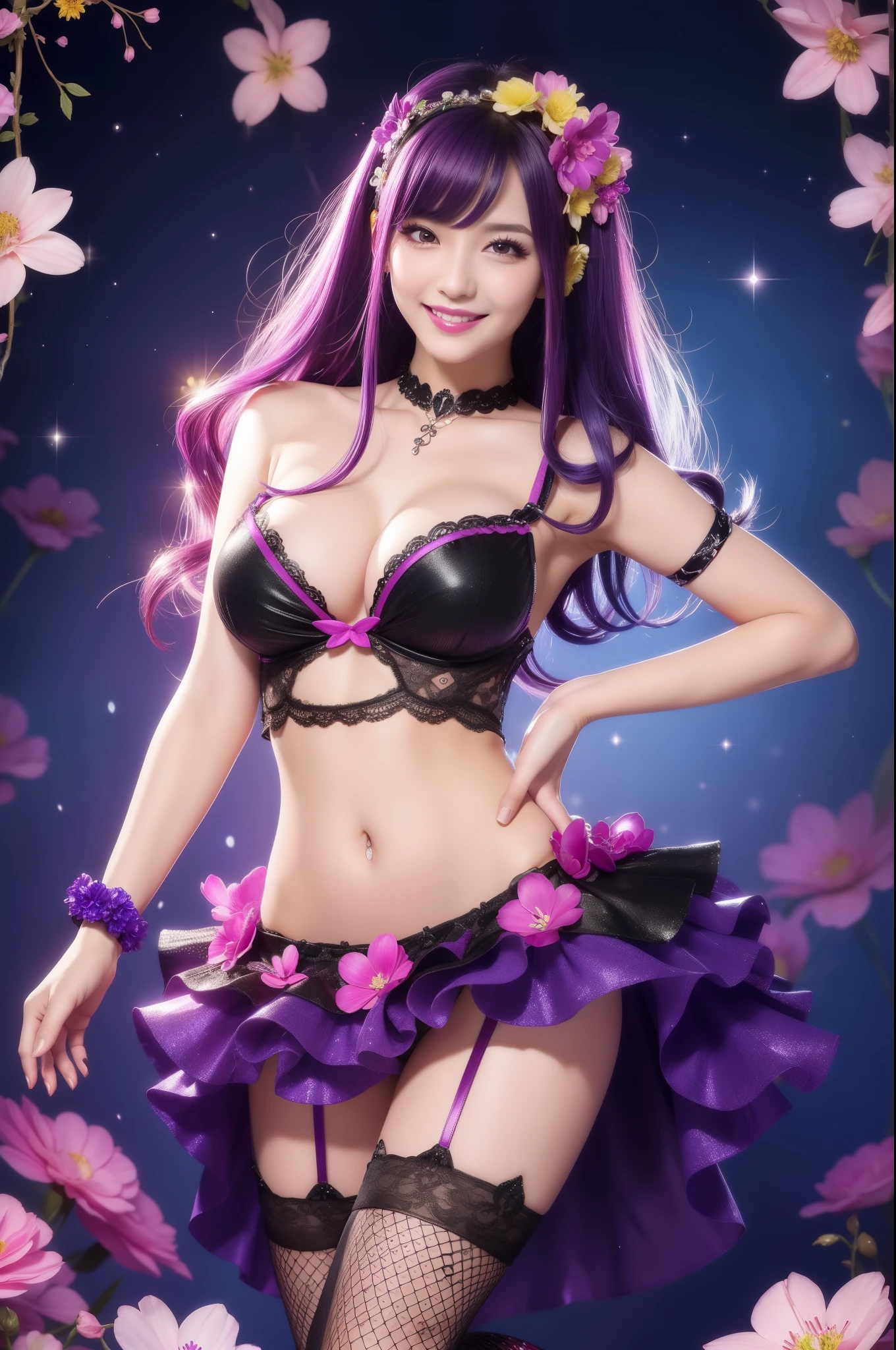beautiful sexy female who controls poison、beautiful smile、lipgloss、professional makeup、full body Esbian、、sparkling poisoned flower costume、、、、sparkling Colorful hair、secrete poison、skull hair accessories、fishnet tights、flowers background