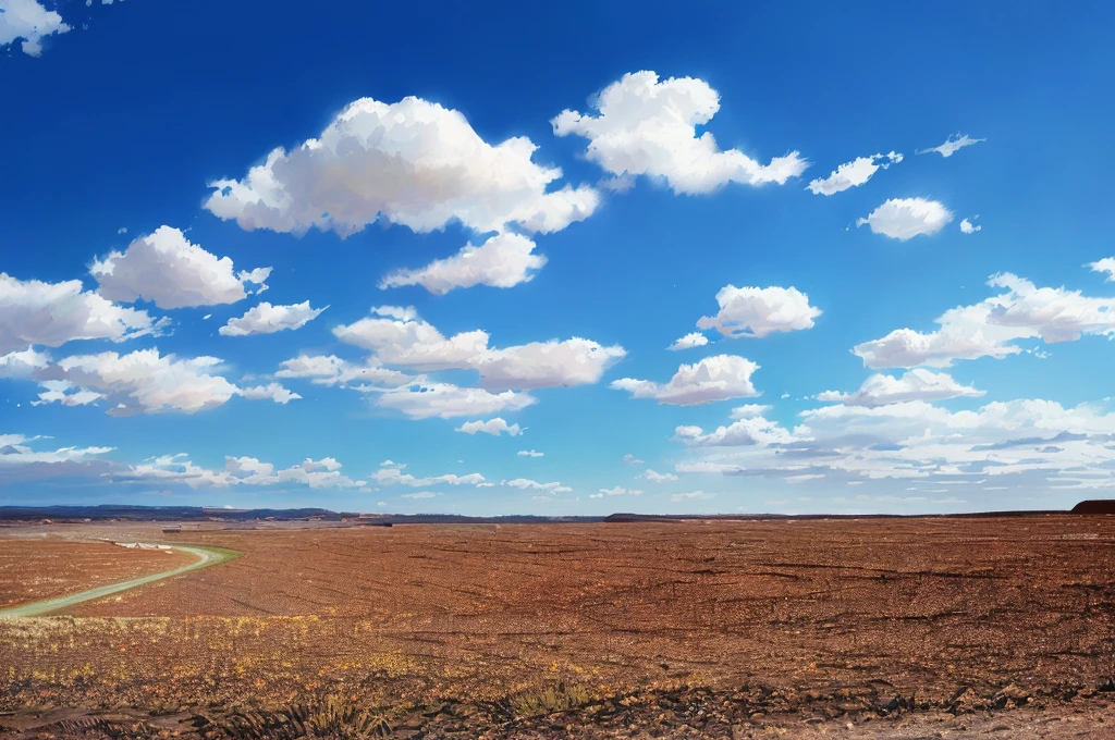 there is a dirt road going through a field with a blue sky, clouds and fields in background, wide open space, wide landscape, desert and blue sky, empty wheat field, dry landscape, open plains, open landscape, distant clouds, wide angle landscape, scattered clouds, an open field, peaceful puffy clouds, on a desolate plain, patches of sky, dry desert