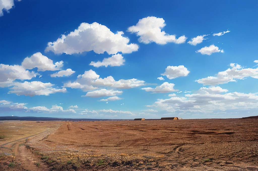 there is a dirt road going through a field with a blue sky, clouds and fields in background, wide open space, wide landscape, desert and blue sky, empty wheat field, dry landscape, open plains, open landscape, distant clouds, wide angle landscape, scattered clouds, an open field, peaceful puffy clouds, on a desolate plain, patches of sky, dry desert