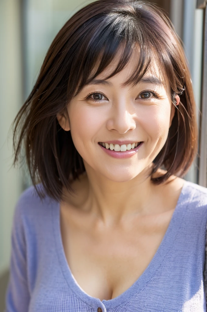 48 years old Big Breasts woman A kind smile Big eyes Front teeth Short Bob Hair Japanese classmate Saggy breasts Sexy appeal