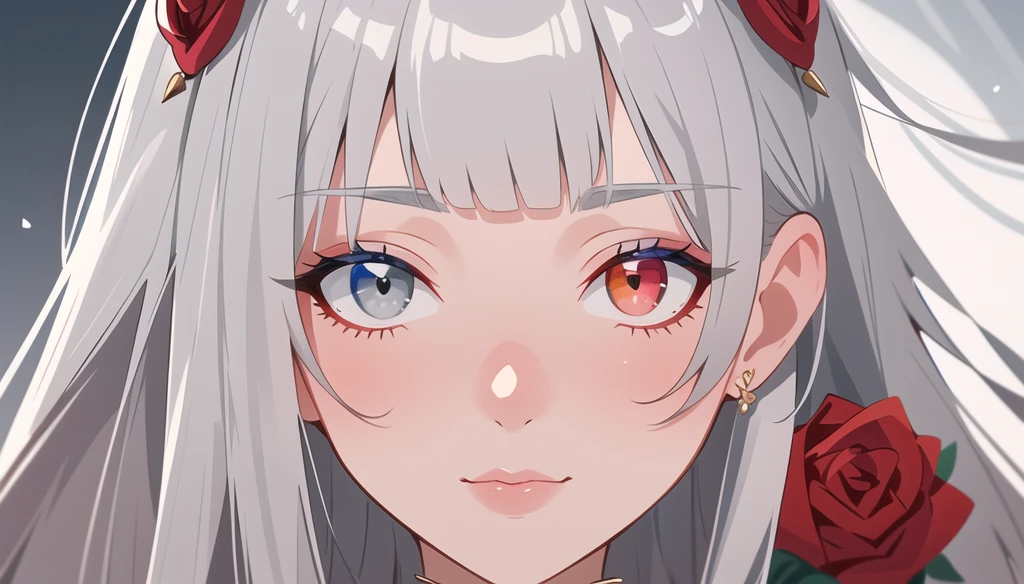 (masterpiece, best quality, ultra-detailed, highres), (((solo))),(sidelighting, lustrous skin), (bloom), (shine), lighting, strong rim light,white ll, beautiful detailed eyes,beautiful detailed girl,an extremely delicate and beautiful,tiara,lipstick,beautiful and delicate water,nature,(shrine),
Empress,  perfect ???????, hanging jewels, pretty girl, amazing body, best proportions, yunani red dress, ancient goddess ((((closeup face)))), looking at viewer, white long straight hair, glossy hair, straight  bangs, blunt bangs, strictly straight bangs,((( heterochromia eyes5 , red rose colored right eye, gray left eye, closed mouth, hime hairstyle, 
(((Silver gray straight hair)))
(((High detailed perfect ???????)))