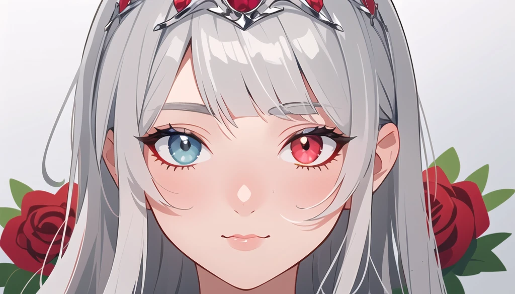 (masterpiece, best quality, ultra-detailed, highres), (((solo))),(sidelighting, lustrous skin), (bloom), (shine), lighting, strong rim light,white ll, beautiful detailed eyes,beautiful detailed girl,an extremely delicate and beautiful,tiara,lipstick,beautiful and delicate water,nature,(shrine),
Empress,  perfect anatomy, hanging jewels, pretty girl, amazing body, best proportions, yunani red dress, ancient goddess ((((closeup face)))), looking at viewer, white long straight hair, glossy hair, straight  bangs, blunt bangs, strictly straight bangs,((( heterochromia eyes5 , red rose colored right eye, gray left eye, closed mouth, hime hairstyle, 
(((Silver gray straight hair)))
(((High detailed perfect anatomy)))