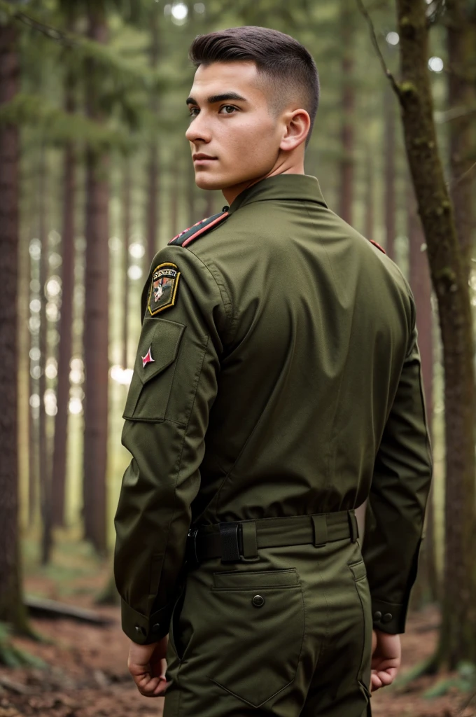 Young man wearing military training uniform and turning his back  A face looks at the camera at an angle of 45° against a backdrop of a forest with bright lights.