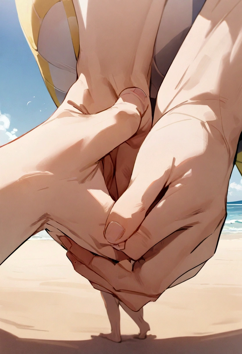  ((masterpiece, best quality, more detail)), ((1man)),  A 22 year old man, holding a beach volleyball in both hands below , View from bottom to top , View from left to right 