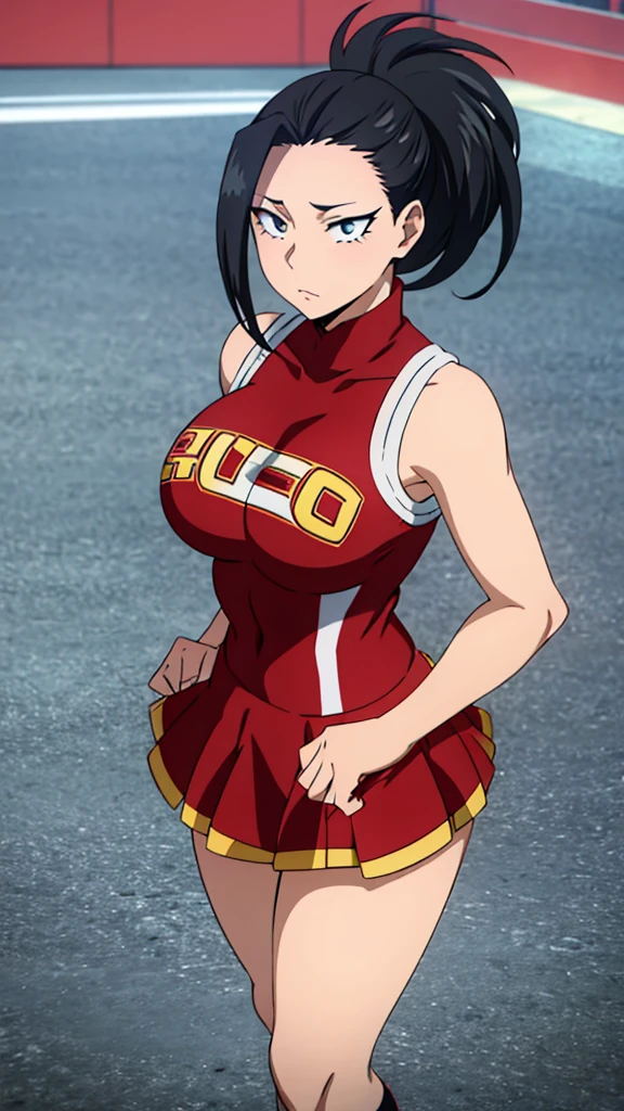 Yaoyorozu , standing , pov from top , big eyes , beautiful face , eyelashes , hot , cheerleader outfit , my hero academia style , big round breasts , sexy , thighs , anime style , cell shading