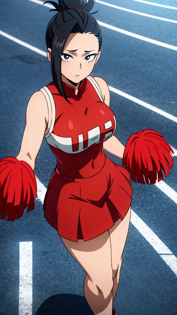 Yaoyorozu , standing , pov from top , big eyes , beautiful face , eyelashes , hot , cheerleader outfit , my hero academia style , big round breasts , sexy , thighs , anime style , cell shading