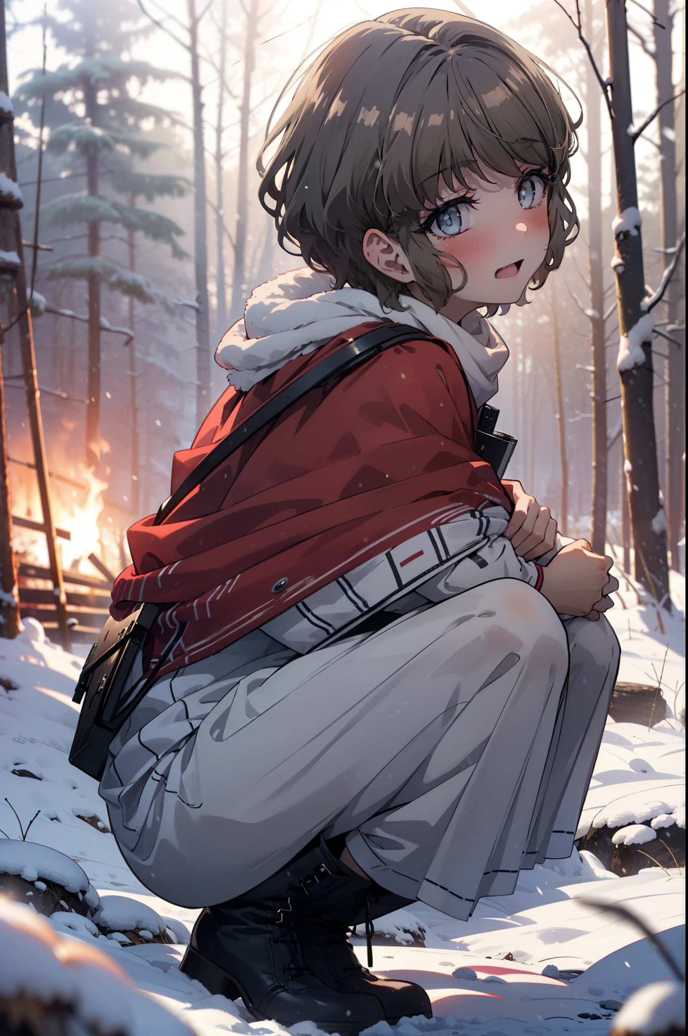 tomoekoga, Chie Koga, short hair, Brown Hair, blue eyes, hair band,smile,blush,White Breath,Medium Chest,
Open your mouth,snow,Ground bonfire, Outdoor, boots, snowing, From the side, wood, suitcase, Cape, Blurred, having meal, forest, White handbag, nature, Squat, Mouth closed, Cape, winter, Written boundary depth, Black shoes, red Cape break looking at viewer, Upper Body, whole body, break Outdoor, forest, nature, break (masterpiece:1.2), Highest quality, High resolution, unity 8k wallpaper, (shape:0.8), (Beautiful and beautiful eyes:1.6), Highly detailed face, Perfect lighting, Highly detailed CG, (Perfect hands, Perfect Anatomy),