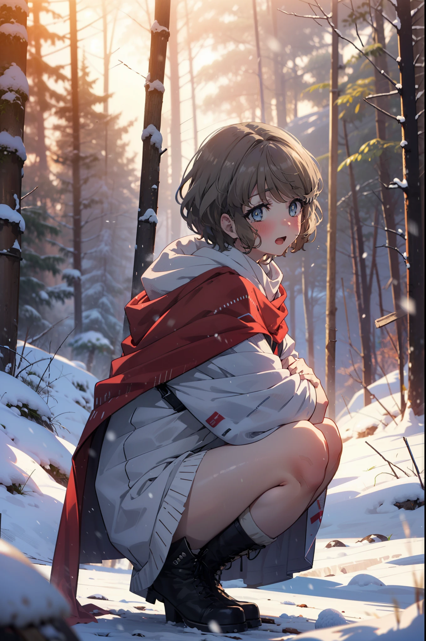 tomoekoga, Chie Koga, short hair, Brown Hair, blue eyes, hair band,smile,blush,White Breath,Medium Chest,
Open your mouth,snow,Ground bonfire, Outdoor, boots, snowing, From the side, wood, suitcase, Cape, Blurred, having meal, forest, White handbag, nature, Squat, Mouth closed, Cape, winter, Written boundary depth, Black shoes, red Cape break looking at viewer, Upper Body, whole body, break Outdoor, forest, nature, break (masterpiece:1.2), Highest quality, High resolution, unity 8k wallpaper, (shape:0.8), (Beautiful and beautiful eyes:1.6), Highly detailed face, Perfect lighting, Highly detailed CG, (Perfect hands, Perfect Anatomy),