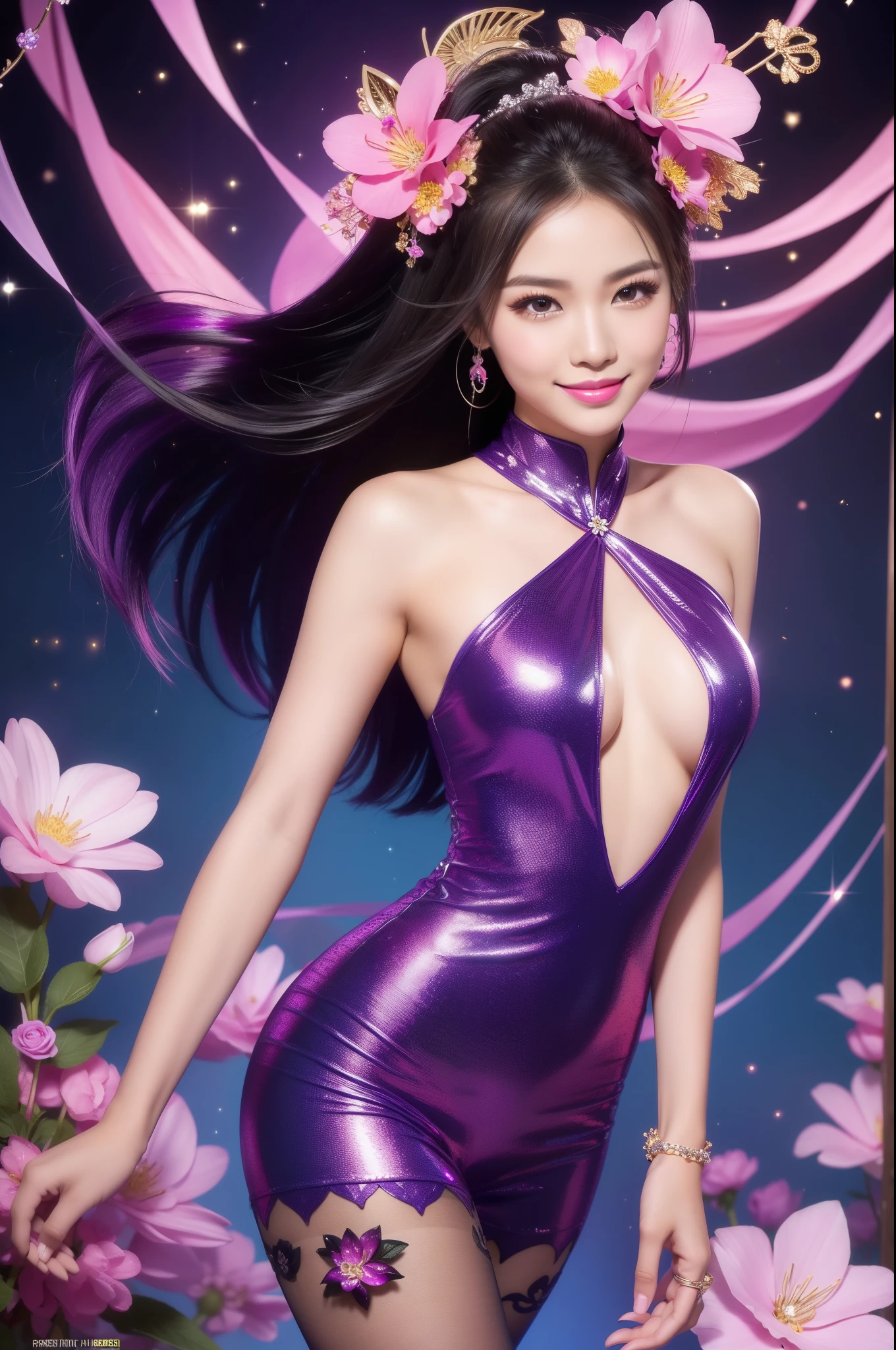 sexy Thai model who controls poison、beautiful smile、lipgloss、intense makeup、look at the camera、full body Esbian、、sparkling poisoned flower costume、、、、sparkling Colorful hair、secrete poison、skull hair accessories schnet tights、shiny sparkling flowers background