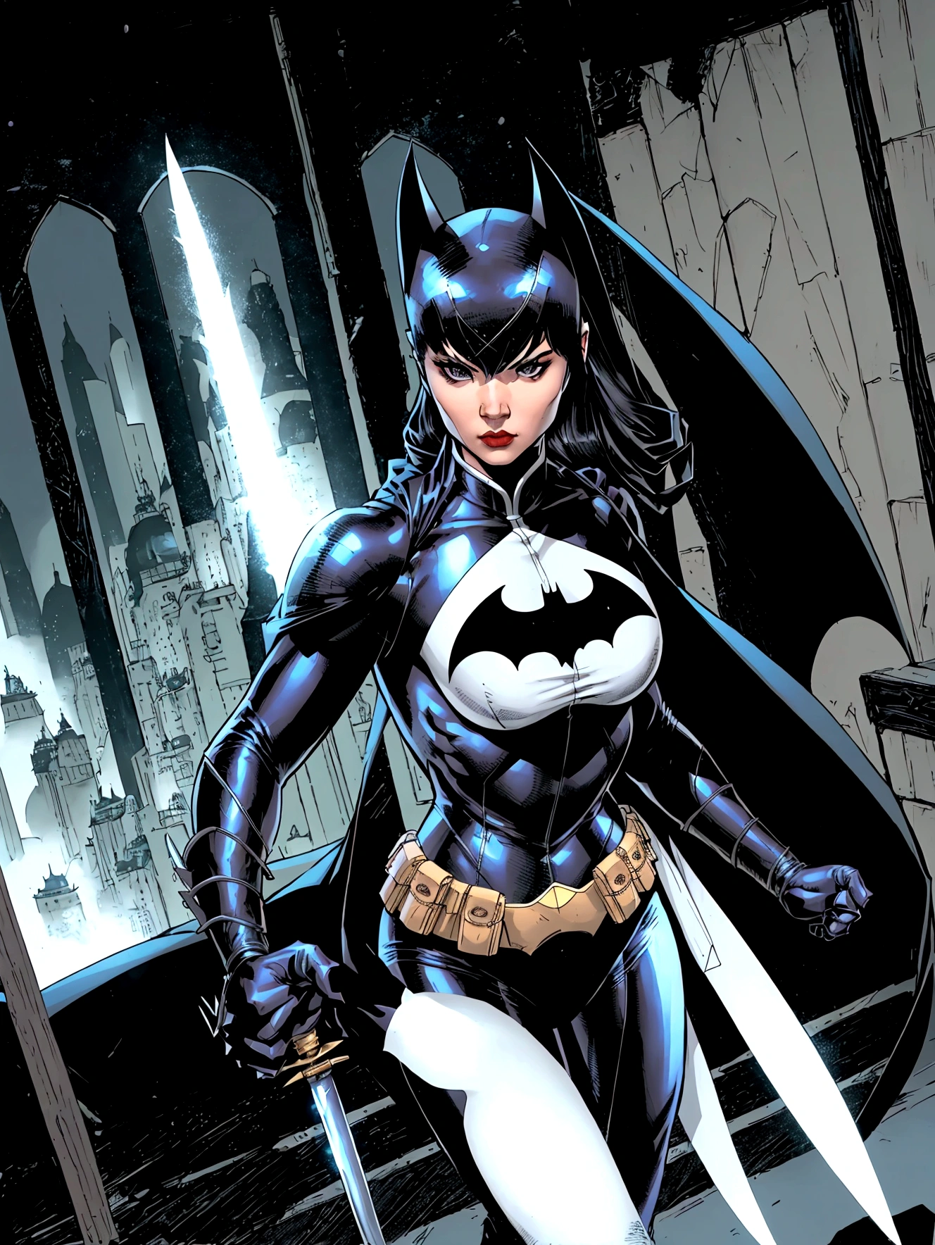 superhero, modern super hero costume, white bat costume, style like the black mouse suit and the Batman suit, suit for girl, ninja, with a Chinese sword, Beautiful Chinese woman, Chinese woman with bangs, courageous character, Kind, Brave, determination, on the battlefield