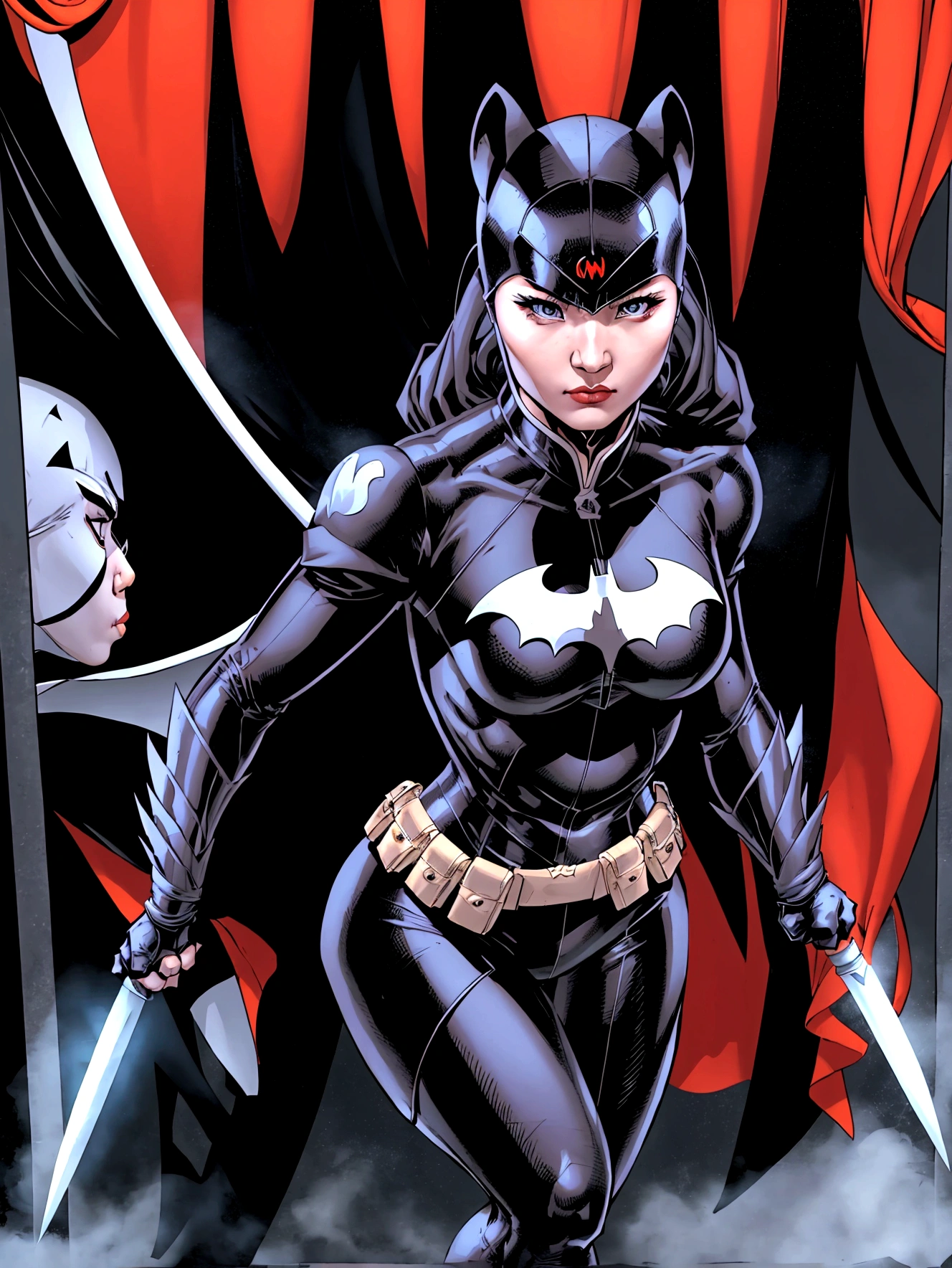 superhero, modern super hero costume, white bat costume, style like the black mouse suit and the Batman suit, suit for girl, ninja, with a Chinese sword, Beautiful Chinese woman, Chinese woman with bangs, courageous character, Kind, Brave, determination, on the battlefield