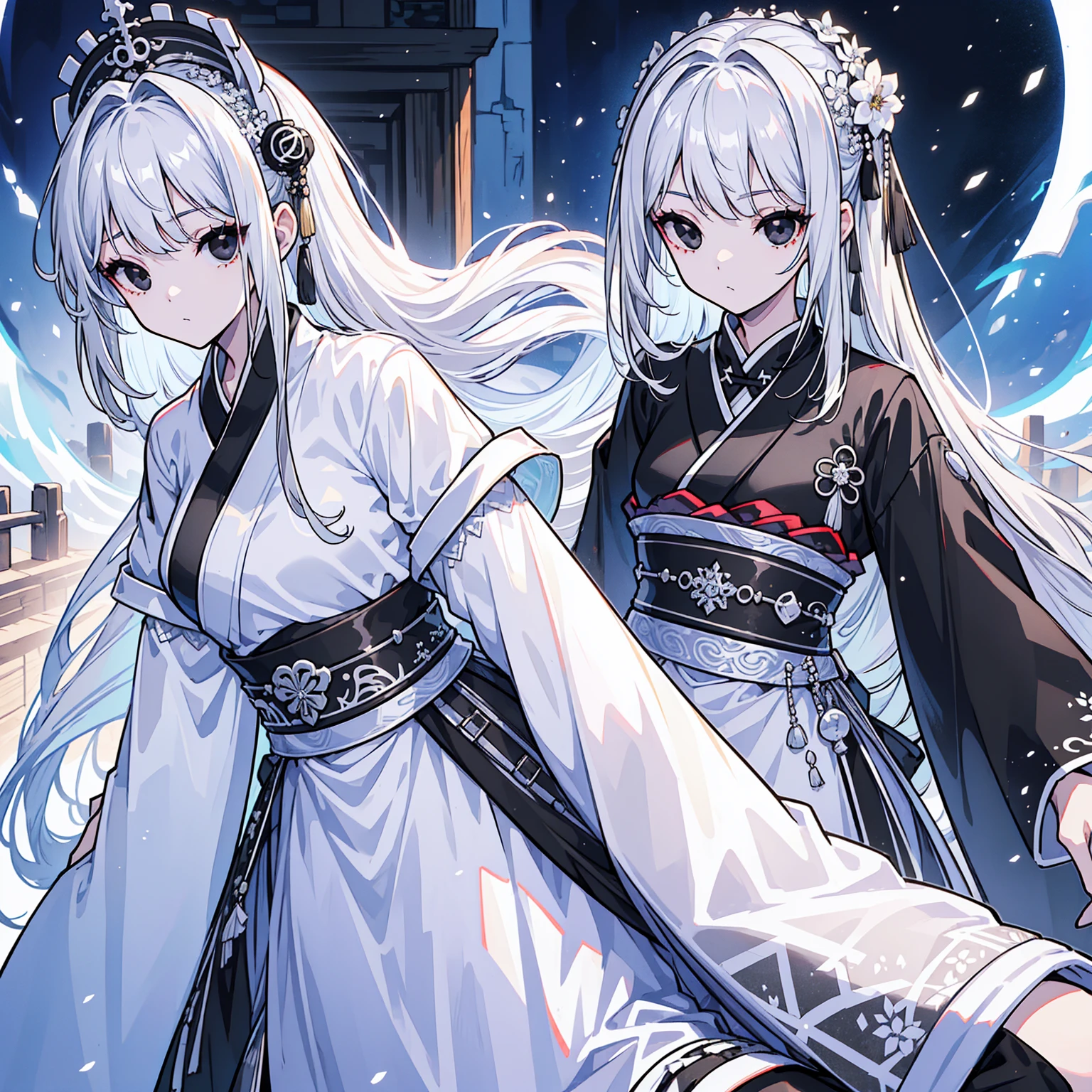 (Top image quality)、(Ultra Detailed)、(Facing forward)、top quality、masterpiece、(((1 girl)))、Silver Hair、white hair、((Long hair))、(black eyes:1.6)、(Hanfu)