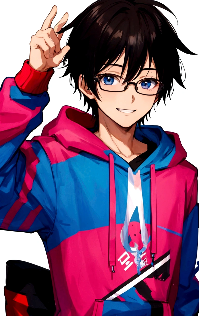 boy,20-year-old,Anime Images,Colorful Hoodies,Black Hair,intellectual,Glasses,Fearless smile,Upper Body,No background