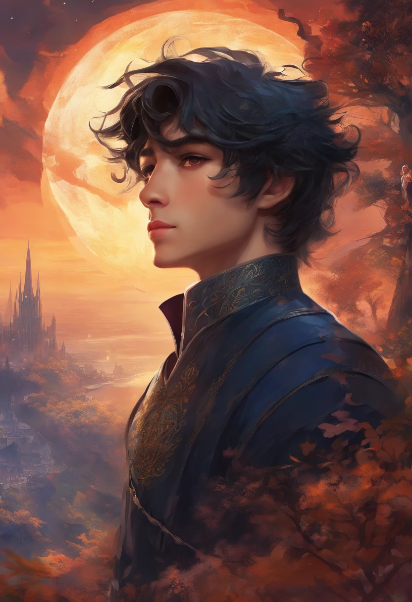 masterpiece, best quality, extremely detailed, intricate detail, highres, official art, finely detailed handsome face and eyes, high resolution illustration, 8k, depth of field, bokeh, solo, 1boy, a boy with black hair and black eyes, black hair, black eyes, beautiful landscape, rainy city, upper body, looking at viewer, close up