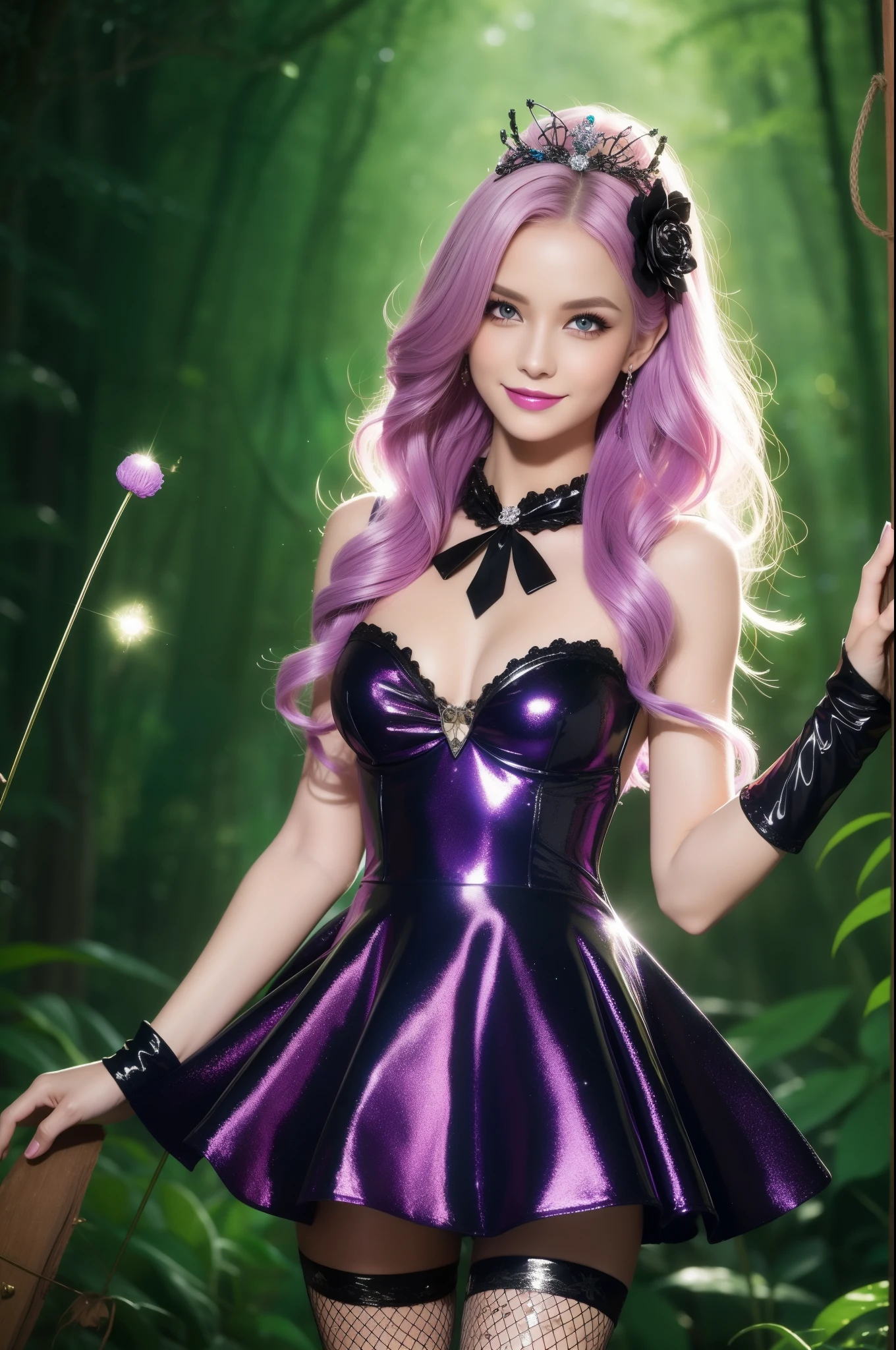 beautiful Swedish Model who controls poison、beautiful smile、lipgloss、intense makeup、look at the camera、full body Esbian、、sparkling poisoned flower costume、、、、shiny sparkling multicolor hair、secrete poison、skull hair accessories、fishnet tights、shiny sparkling dark magic forest background