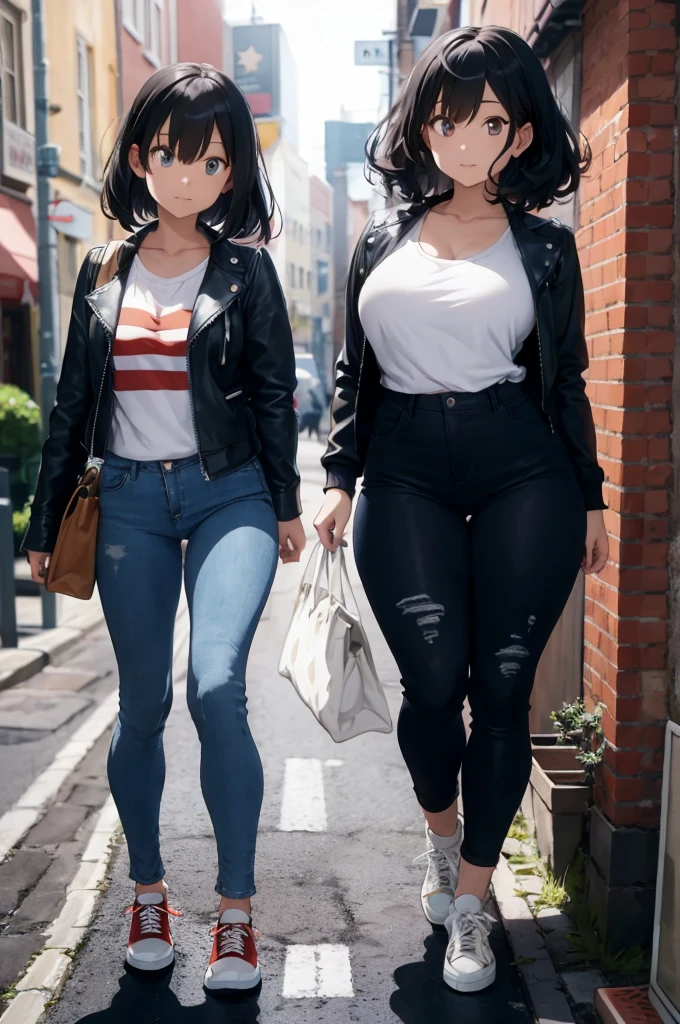 anime, leather jacket, tight jeans, sockless sneakers, voluptuous, white tank top, curly hair, european, 1girl