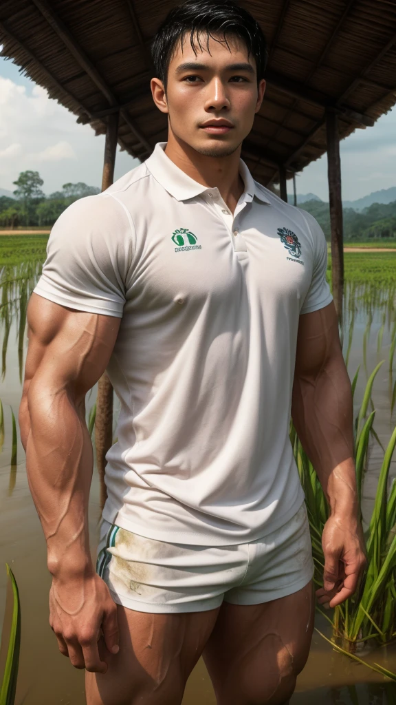 独奏 , 1 person , Portrait of a handsome Asian rugby player with short hair, a muscular beard, big muscles, wearing a white polo shirt, wet, outdoors, rice field, countryside, hut, Thailand, Laos, Burma, Asia.