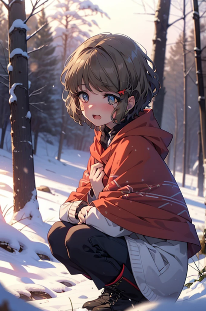 tomoekoga, Chie Koga, short hair, Brown Hair, blue eyes, hair band,smile,blush,White Breath,Medium Chest,
Open your mouth,snow,Ground bonfire, Outdoor, boots, snowing, From the side, wood, suitcase, Cape, Blurred, having meal, forest, White handbag, nature,  Squat, Mouth closed, Cape, winter, Written boundary depth, Black shoes, red Cape break looking at viewer, Upper Body, whole body, break Outdoor, forest, nature, break (masterpiece:1.2), Highest quality, High resolution, unity 8k wallpaper, (shape:0.8), (Beautiful and beautiful eyes:1.6), Highly detailed face, Perfect lighting, Highly detailed CG, (Perfect hands, Perfect Anatomy),