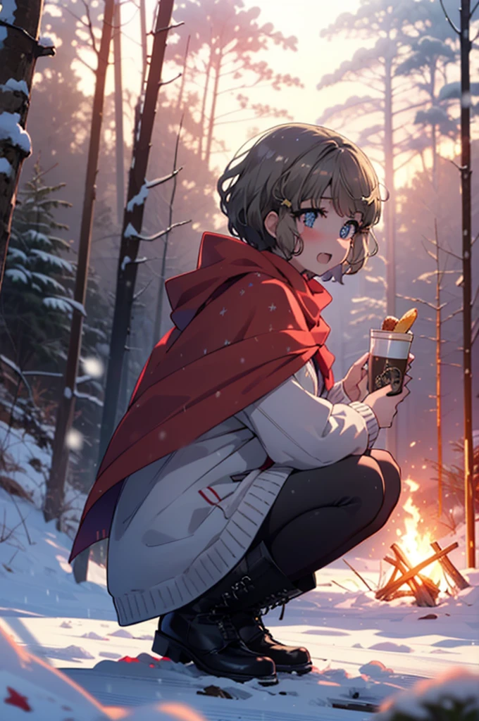 tomoekoga, Chie Koga, short hair, Brown Hair, blue eyes, hair band,smile,blush,White Breath,Medium Chest,
Open your mouth,snow,Ground bonfire, Outdoor, boots, snowing, From the side, wood, suitcase, Cape, Blurred, having meal, forest, White handbag, nature, Squat, Mouth closed, Cape, winter, Written boundary depth, Black shoes, red Cape break looking at viewer, Upper Body, whole body, break Outdoor, forest, nature, break (masterpiece:1.2), Highest quality, High resolution, unity 8k wallpaper, (shape:0.8), (Beautiful and beautiful eyes:1.6), Highly detailed face, Perfect lighting, Highly detailed CG, (Perfect hands, Perfect Anatomy),