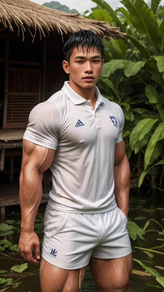 独奏 , 1 person , Portrait of a handsome Asian rugby player with short hair, a muscular beard, big muscles, wearing a white polo shirt, wet, outdoors, rice field, countryside, hut, Thailand, Laos, Burma, Asia.