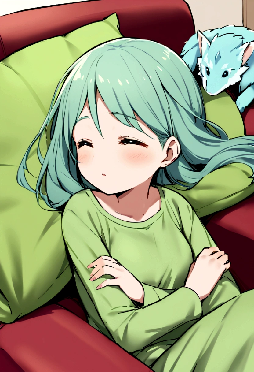Pina, A YOUNG GIRL WEARING LIGHT GREEN TISHIRT AND GREEN PAJAMA, lounges lazily in her COUCH IN HER modest home while her mother tirelessly works around her. WITHOUT ANY PETS OR DRAGONDS. JUST THE YOUNG GIRL LAZILY LYING DOWN ON HER COUCH
