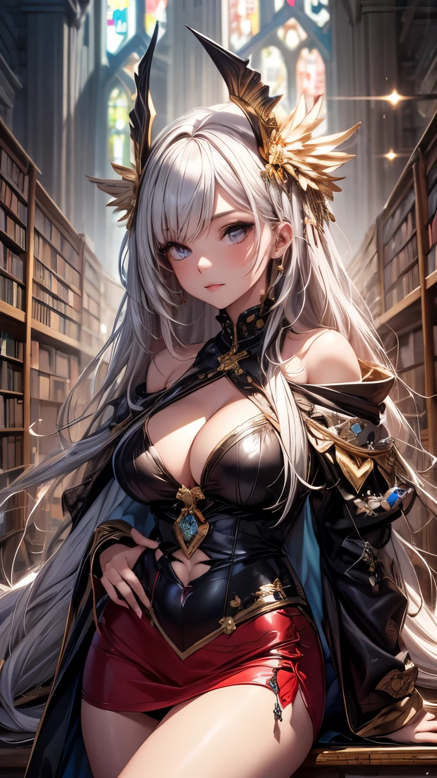 Highest quality, Super quality, 16K, Incredibly absurd, Very detailed, 2.5D, delicate and dynamic, cathedral, library, machine, , Small face, Extremely delicate facial expression, Delicate eye depiction, Extremely detailed hair, Upper body close-up, erotic, sole sexy Japanese lady, healthy shaped body, 22 years old lady, Wizard, huge firm bouncing busts, white silver long hair, sexy long legs, Glowing Skin, , ゴシック風の派手なWizardのコスチューム, brown tight skirt, black leather long boots, With an owl on your shoulder