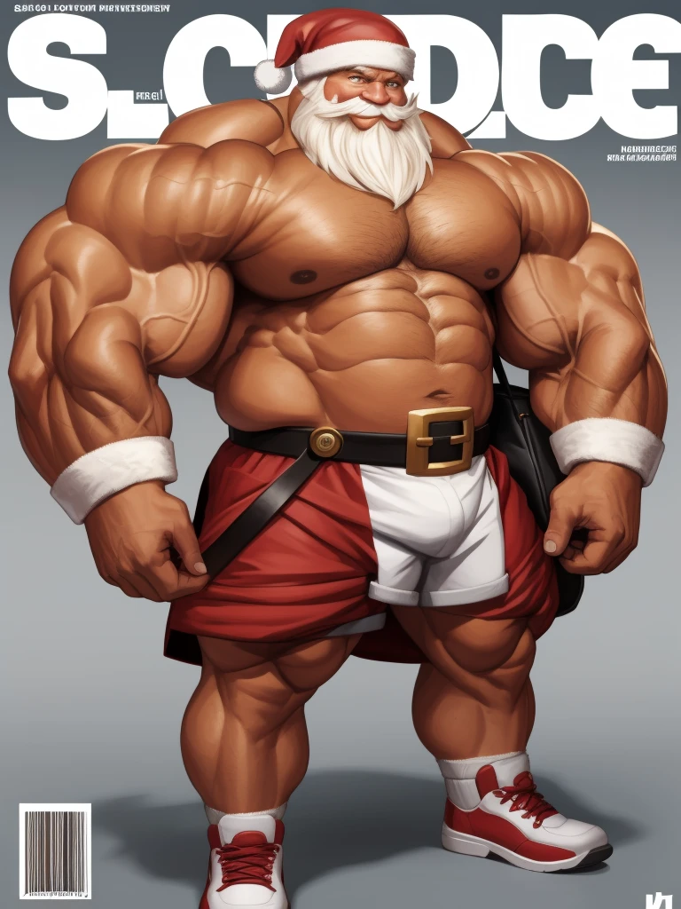 Magazine cover. solo, 1boy, perfect anatomy, ground view, wrinkles skin, low shoot, down view, perfect proportion, thick body, thick thighs, big red bag, sharp eyes, big eyes, smile, santa claus, long bearded, 1m beards, perfect fingers, big hand, fingers. Huge Muscular Old man with short hair, shoes ,(white shorts), view from side, pectoral, thick arms, huge pectoral, wide pectoral, white hair, white beards, simple background, masterpiece, semirealistic:1.2, high detailed, 8k, high resolution, perfect center, full view. ((really big muscle, massive muscular, sixpack, thick arms, wide pectoral, super huge muscle, hyper muscular, over sized muscle, huge arms, big arms, huge pectoral))
