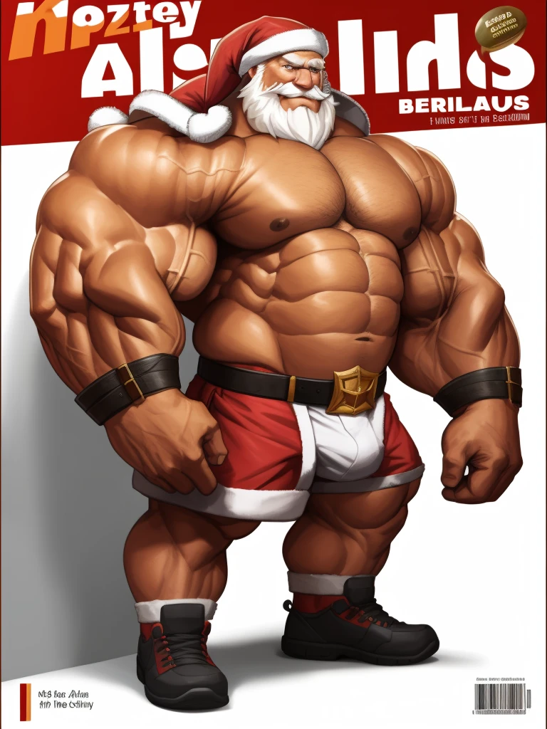 Magazine cover. solo, 1boy, perfect anatomy, ground view, wrinkles skin, low shoot, down view, perfect proportion, thick body, thick thighs, big red bag, sharp eyes, big eyes, smile, santa claus, long bearded, 1m beards, perfect fingers, big hand, fingers. Huge Muscular Old man with short hair, shoes ,(white shorts), view from side, pectoral, thick arms, huge pectoral, wide pectoral, white hair, white beards, simple background, masterpiece, semirealistic:1.2, high detailed, 8k, high resolution, perfect center, full view. ((really big muscle, massive muscular, sixpack, thick arms, wide pectoral, super huge muscle, hyper muscular, over sized muscle, huge arms, big arms, huge pectoral))