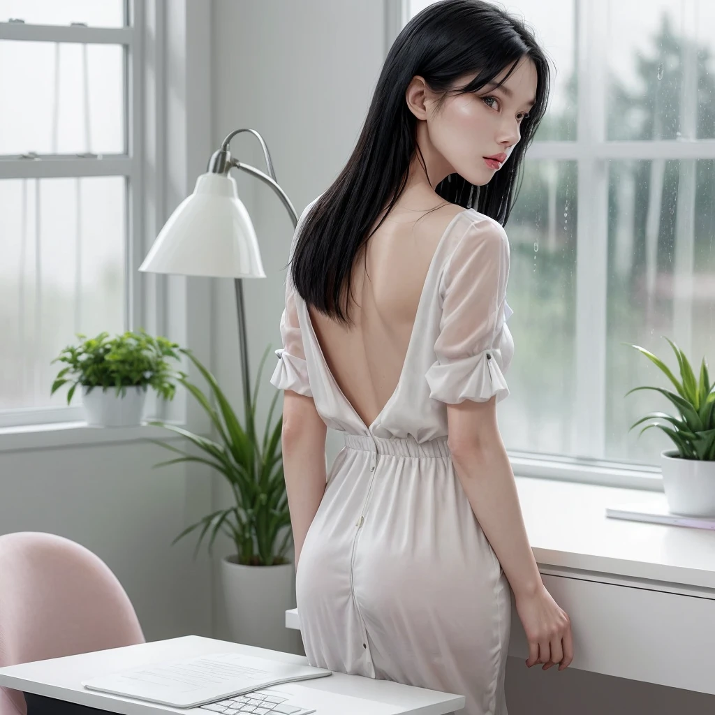 white wooden desk, clothing and fashion magazines on the desk, white metal lamp, laptop on the desk, background with blur, window with raindrops in the background, focus on desk with magazines, Pink decorations, elegant office, green decoration plants, woman in white dress from behind, woman with straight black hair, woman turning her back, Woman from behind, you don't look at the woman's face, turned woman