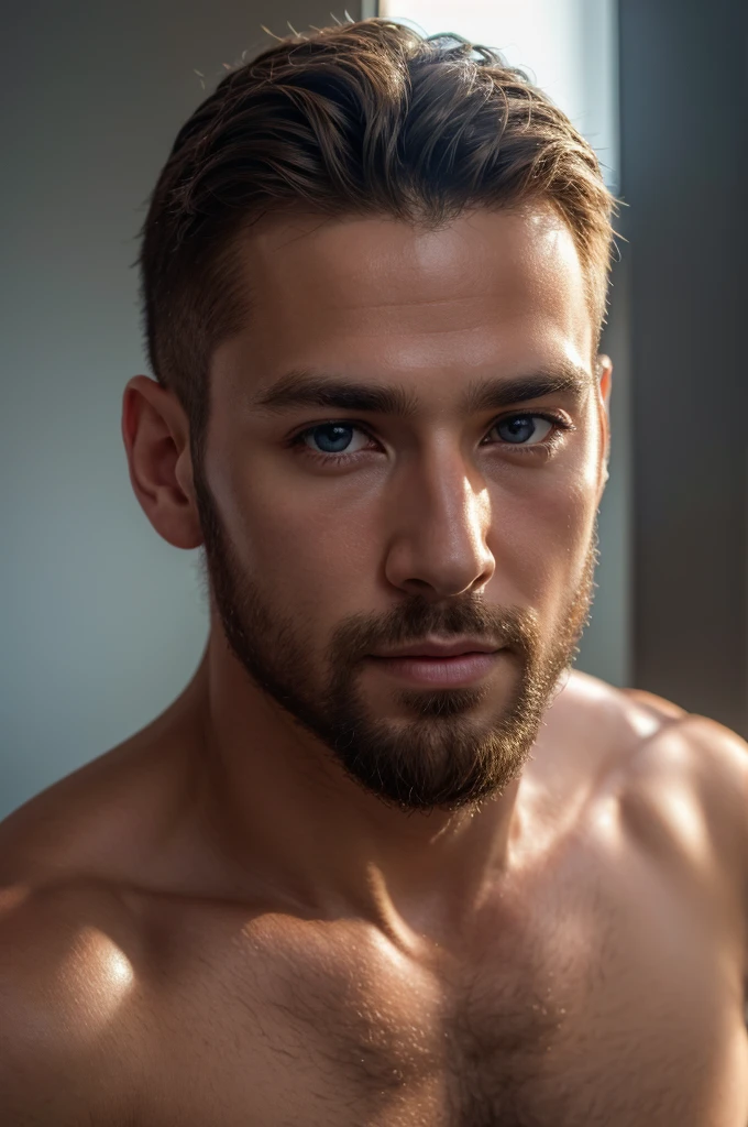 (8K、RAWE Photo、Highest quality、masterpiece:1.2)、(Real、Photorealistic:1.37)、Super detailed、Ultra-high resolution、1 male、Beautiful detailed face、(Feather Cut: 0.6)、Professional Lighting、The lighting is bright、Actor、model、Full body、Wide-angle shot、Daytime、bright , simple background ,Simple Background、Slender、beard、front、Face close-up、