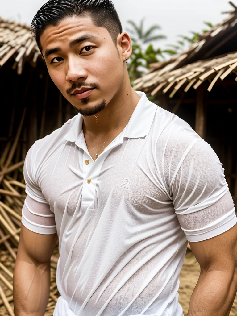 独奏 , 1 person , Portrait of a handsome Asian rugby player with short hair, a muscular beard, big muscles, wearing a white polo shirt, wet, outdoors, rice field, countryside, hut, Thailand, Laos, Burma, Asia.