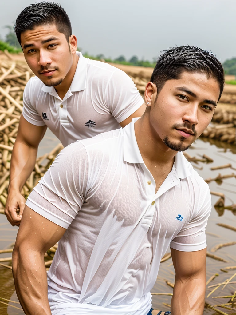 独奏 , 1 person , Portrait of a handsome Asian rugby player with short hair, a muscular beard, big muscles, wearing a white polo shirt, wet, outdoors, rice field, countryside, hut, Thailand, Laos, Burma, Asia.