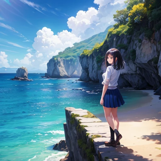 1 girl,alone,blue sky, Ocean, Short skirt, (Highly detailed background:1.0), (Highly detailed background:1.0),