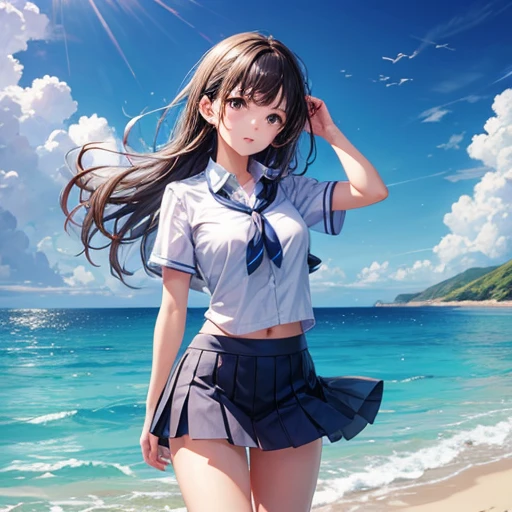 1 girl,alone,blue sky, Ocean, Short skirt, (Highly detailed background:1.0), (Highly detailed background:1.0),