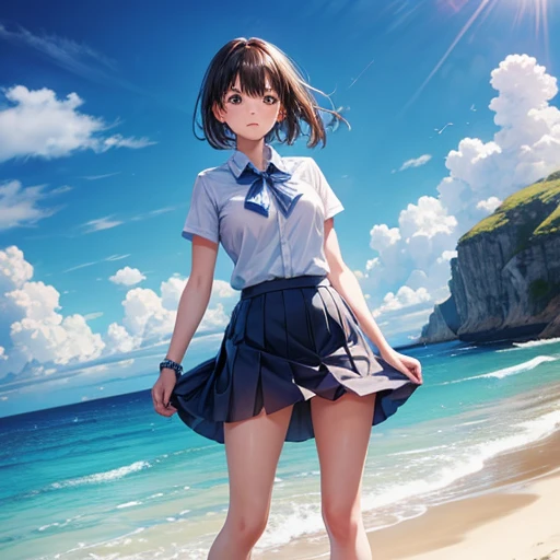 1 girl,alone,blue sky, Ocean, Short skirt, (Highly detailed background:1.0), (Highly detailed background:1.0),